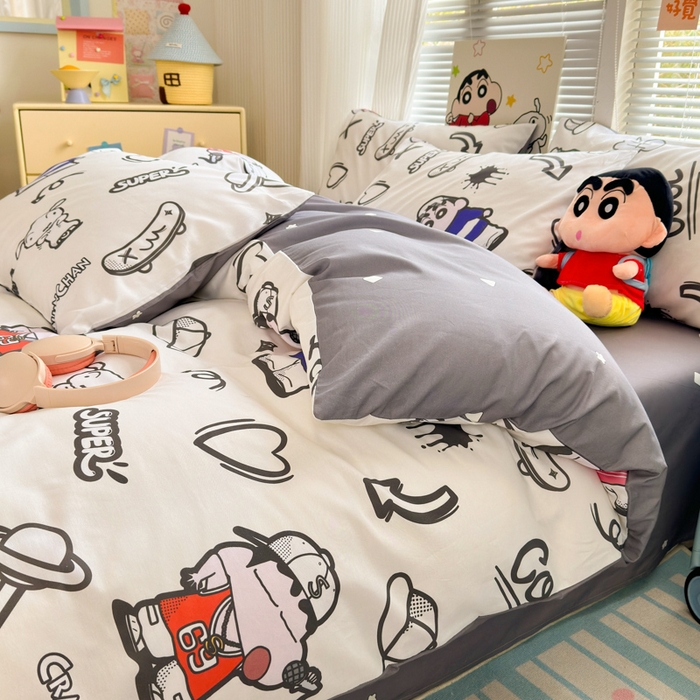 91家纺网 家纺一手货源 找家纺 曼之夏 2026新款全棉卡通印花四件套系列-蜡笔小新 音乐小新