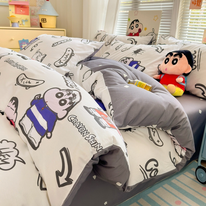 91家纺网 家纺一手货源 找家纺 曼之夏 2026新款全棉卡通印花四件套系列-蜡笔小新 音乐小新