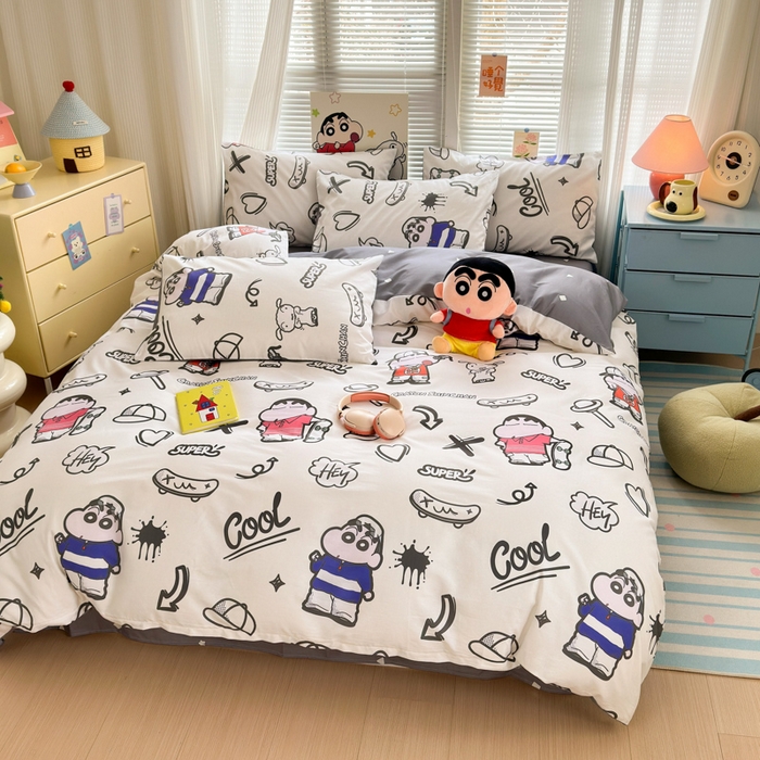 91家纺网 家纺一手货源 找家纺 曼之夏 2026新款全棉卡通印花四件套系列-蜡笔小新 音乐小新