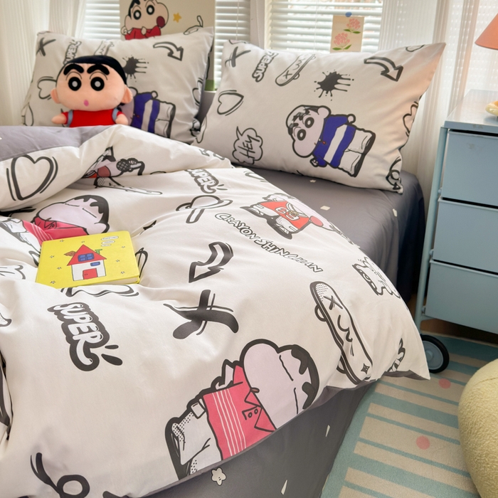 91家纺网 家纺一手货源 找家纺 曼之夏 2026新款全棉卡通印花四件套系列-蜡笔小新 音乐小新