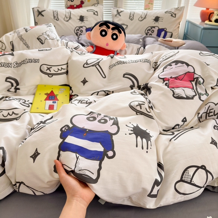 91家纺网 家纺一手货源 找家纺 曼之夏 2026新款全棉卡通印花四件套系列-蜡笔小新 音乐小新