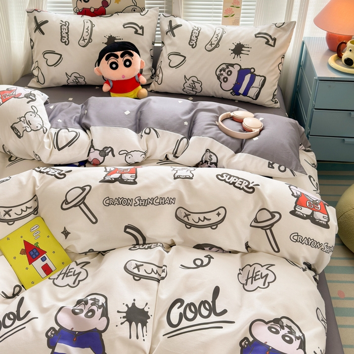 91家纺网 家纺一手货源 找家纺 曼之夏 2026新款全棉卡通印花四件套系列-蜡笔小新 音乐小新