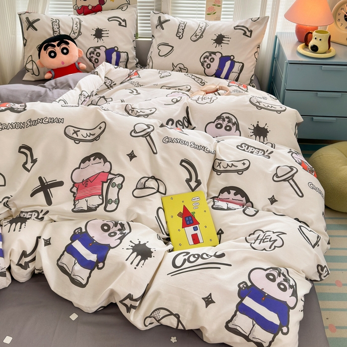 91家纺网 家纺一手货源 找家纺 曼之夏 2026新款全棉卡通印花四件套系列-蜡笔小新 音乐小新