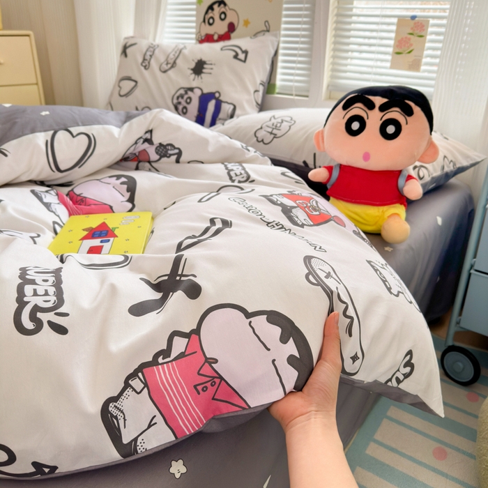 91家纺网 家纺一手货源 找家纺 曼之夏 2026新款全棉卡通印花四件套系列-蜡笔小新 音乐小新