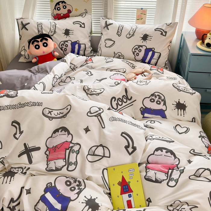 91家纺网 家纺一手货源 找家纺 曼之夏 2026新款全棉卡通印花四件套系列-蜡笔小新 音乐小新