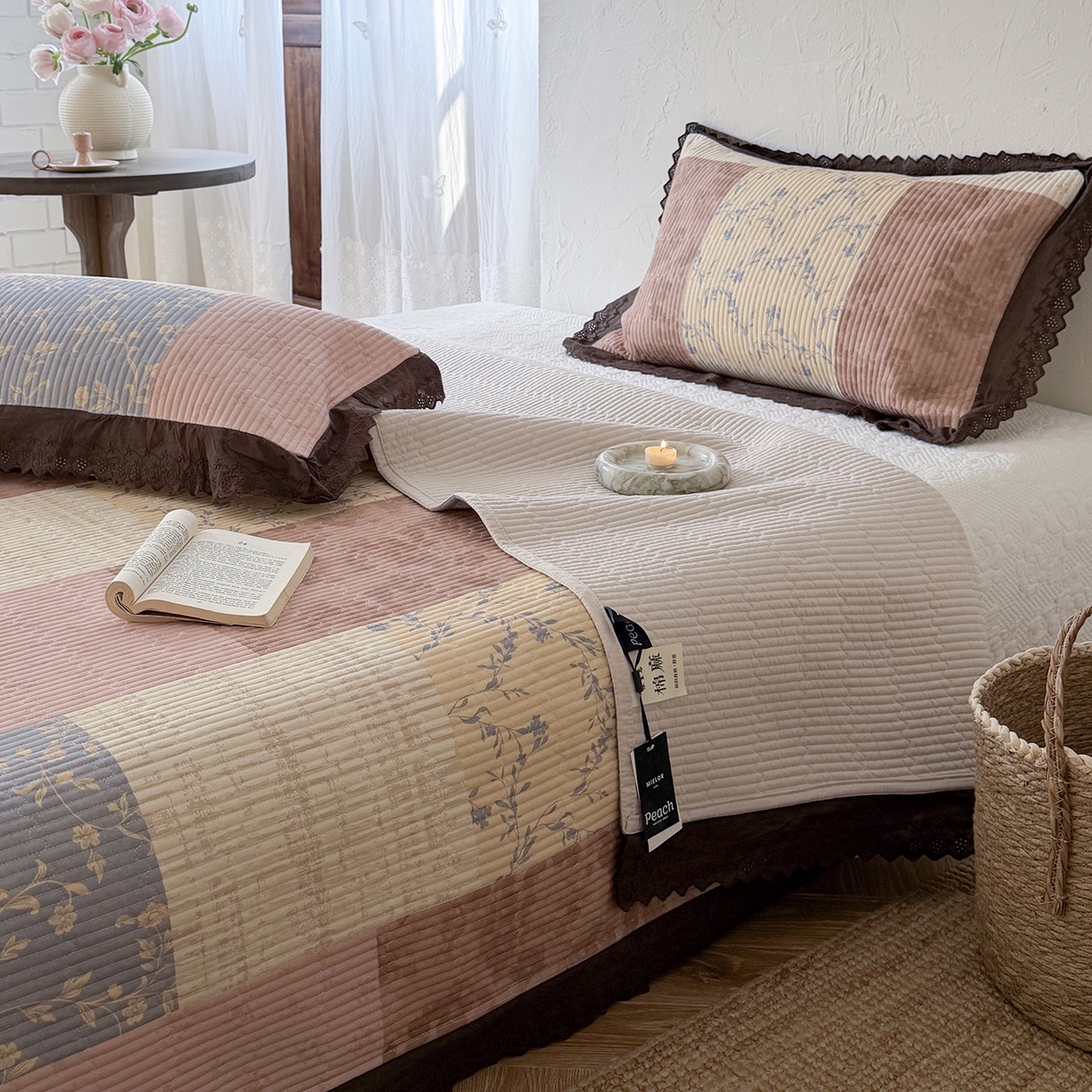 91家纺网 家纺一手货源 找家纺 （总）桃子家居 2026新款韩版纯棉花边法式花卉碎花水洗原生态纯棉棉麻多功能床盖三件套