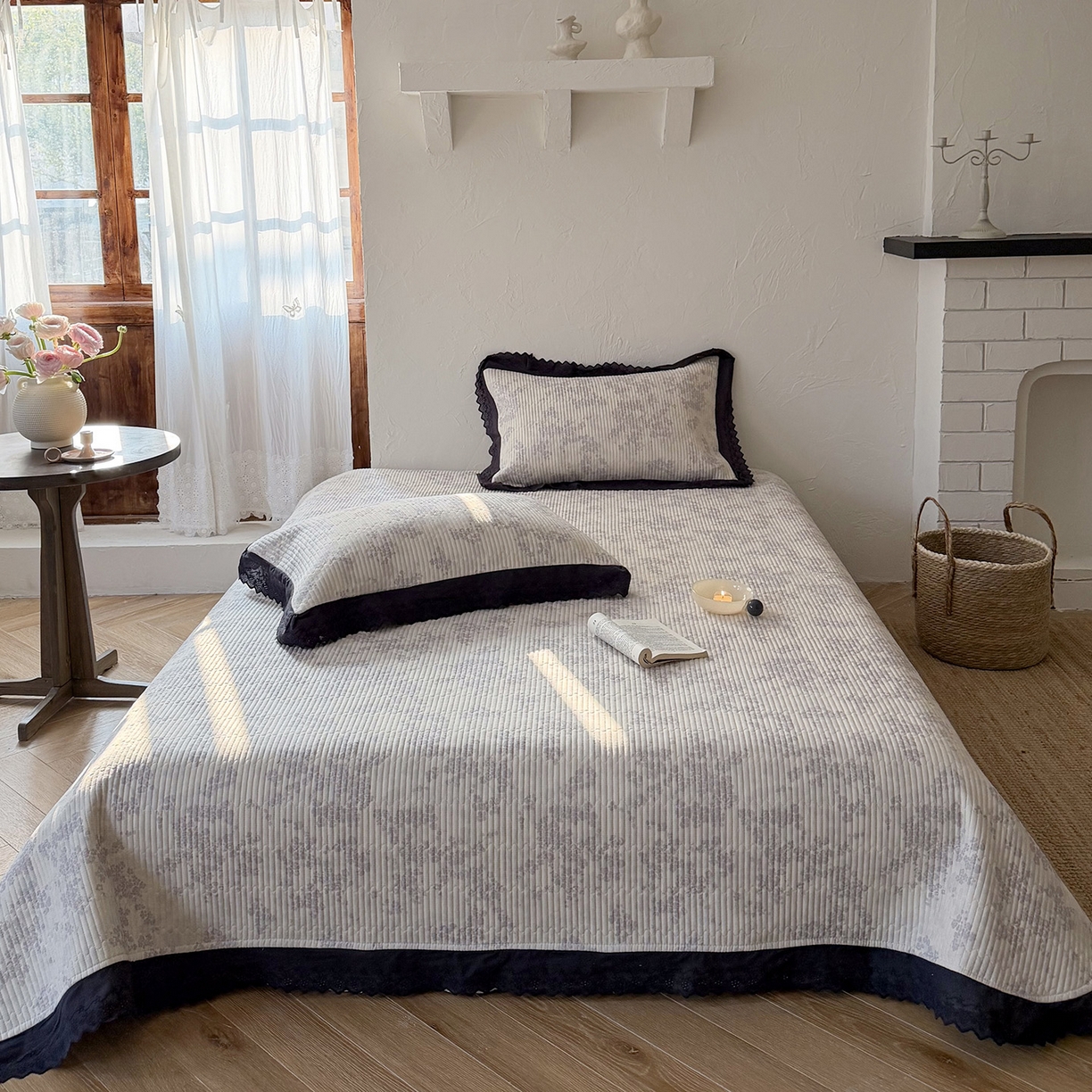 91家纺网 家纺一手货源 找家纺 （总）桃子家居 2026新款韩版纯棉花边法式花卉碎花水洗原生态纯棉棉麻多功能床盖三件套