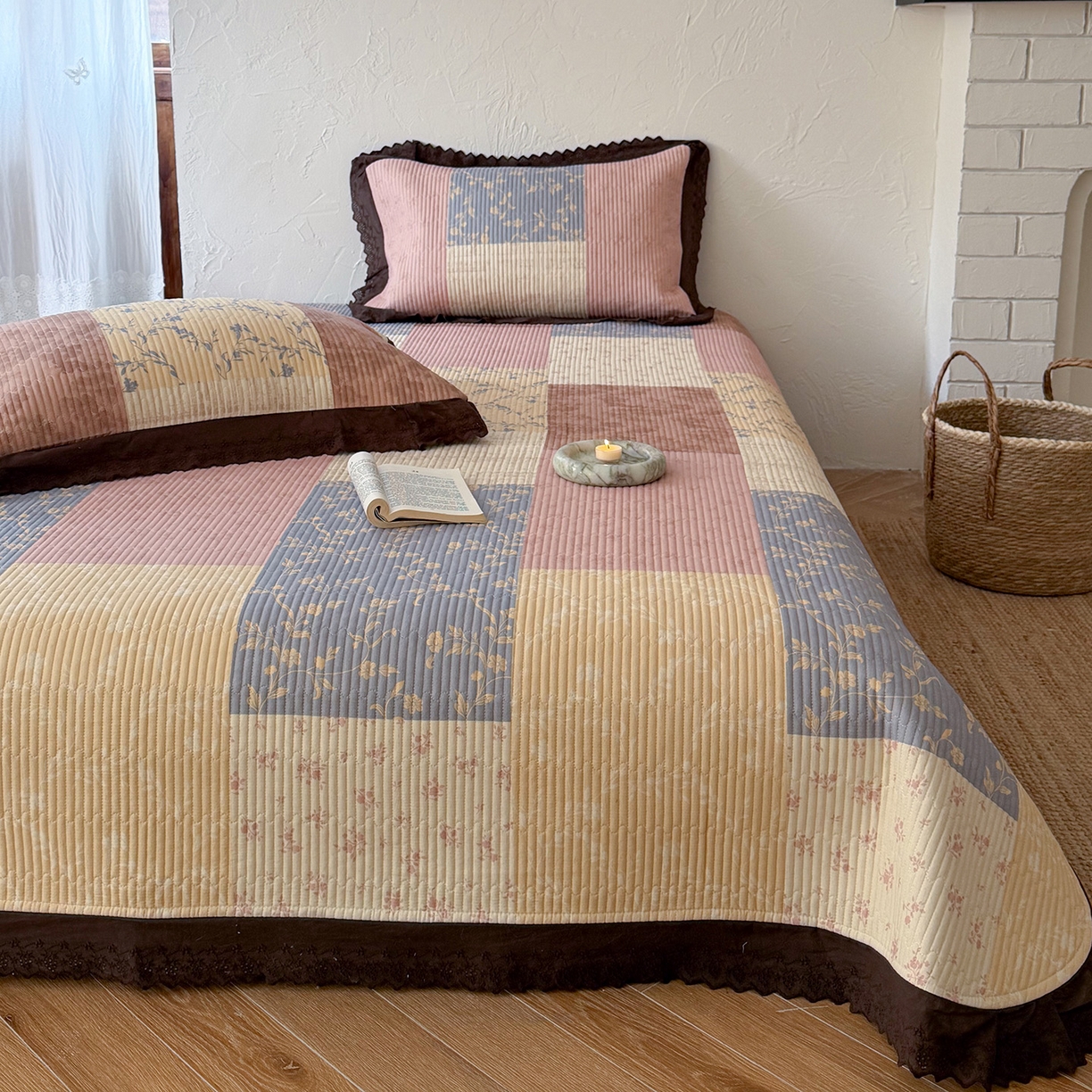 91家纺网 家纺一手货源 找家纺 （总）桃子家居 2026新款韩版纯棉花边法式花卉碎花水洗原生态纯棉棉麻多功能床盖三件套