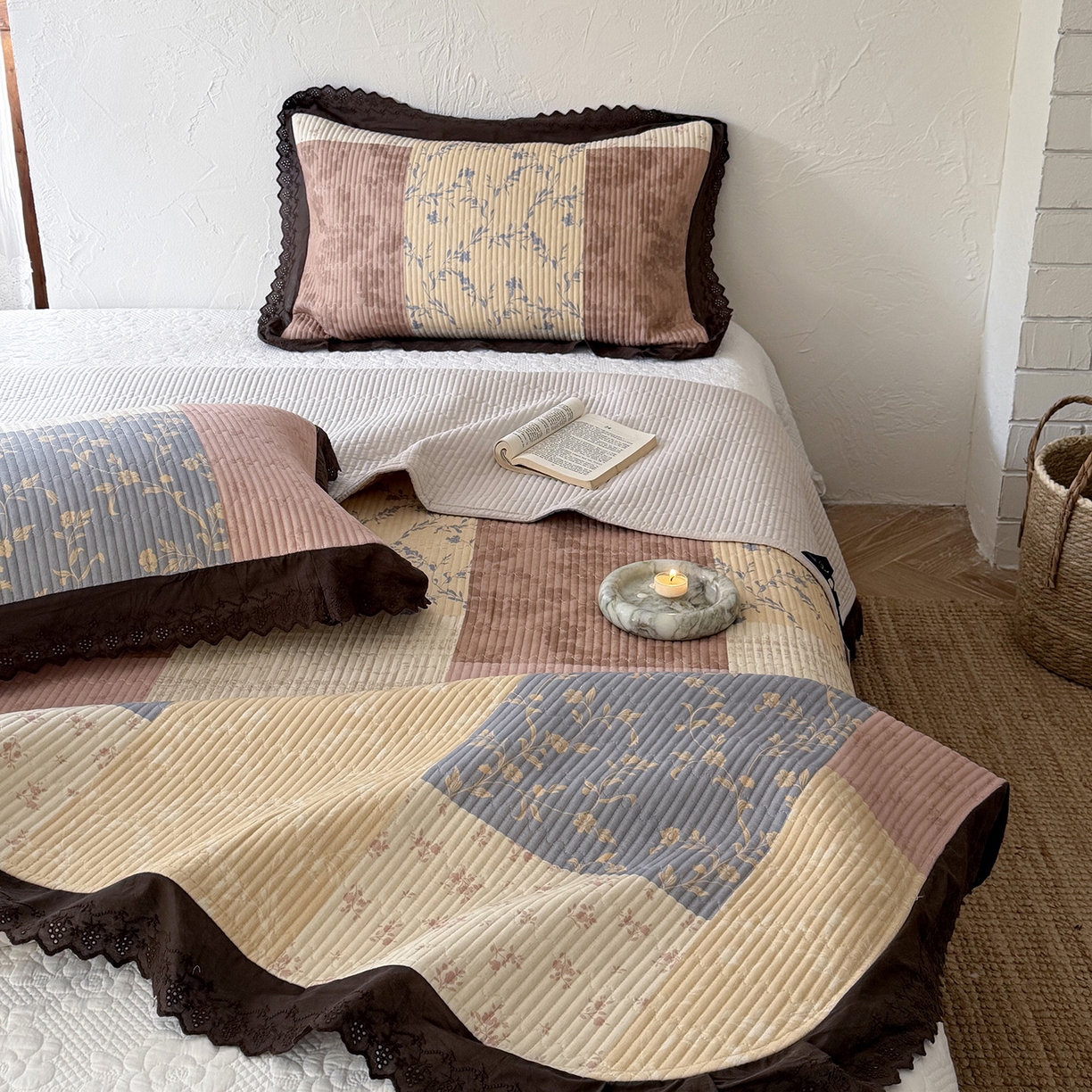 91家纺网 家纺一手货源 找家纺 （总）桃子家居 2026新款韩版纯棉花边法式花卉碎花水洗原生态纯棉棉麻多功能床盖三件套