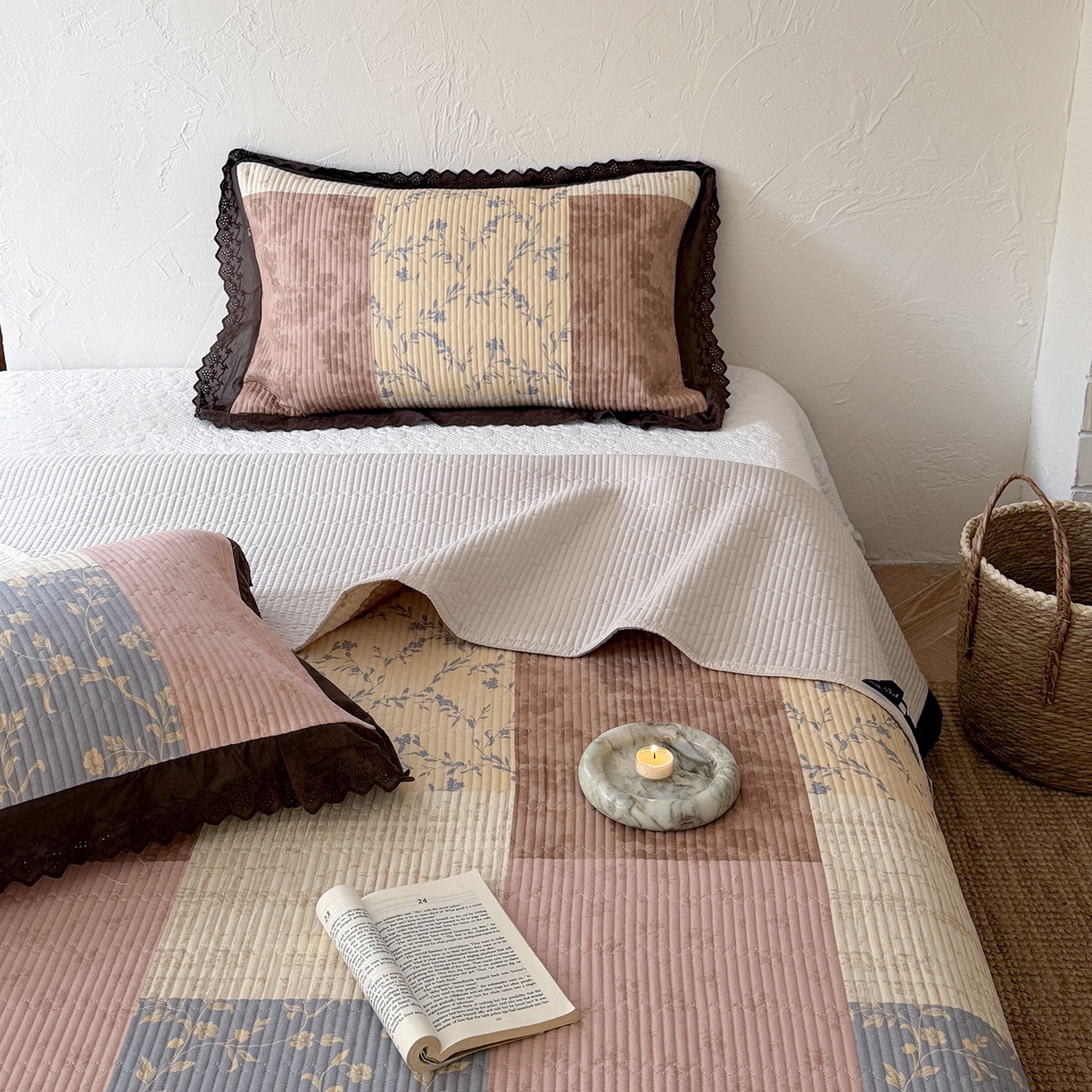 91家纺网 家纺一手货源 找家纺 （总）桃子家居 2026新款韩版纯棉花边法式花卉碎花水洗原生态纯棉棉麻多功能床盖三件套