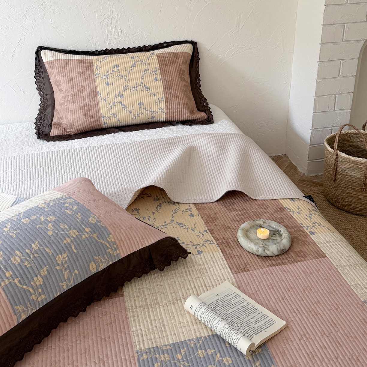 91家纺网 家纺一手货源 找家纺 （总）桃子家居 2026新款韩版纯棉花边法式花卉碎花水洗原生态纯棉棉麻多功能床盖三件套