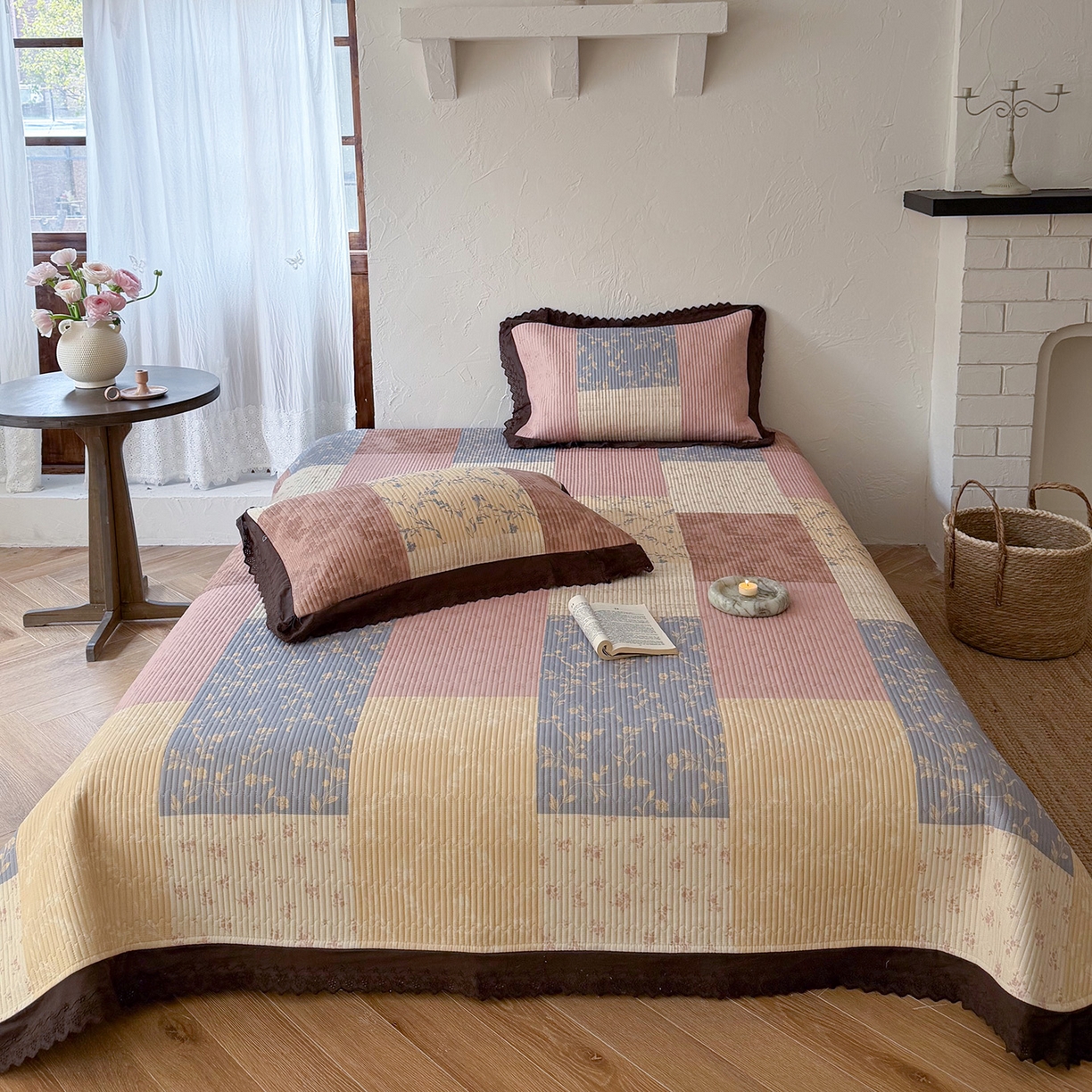 91家纺网 家纺一手货源 找家纺 （总）桃子家居 2026新款韩版纯棉花边法式花卉碎花水洗原生态纯棉棉麻多功能床盖三件套