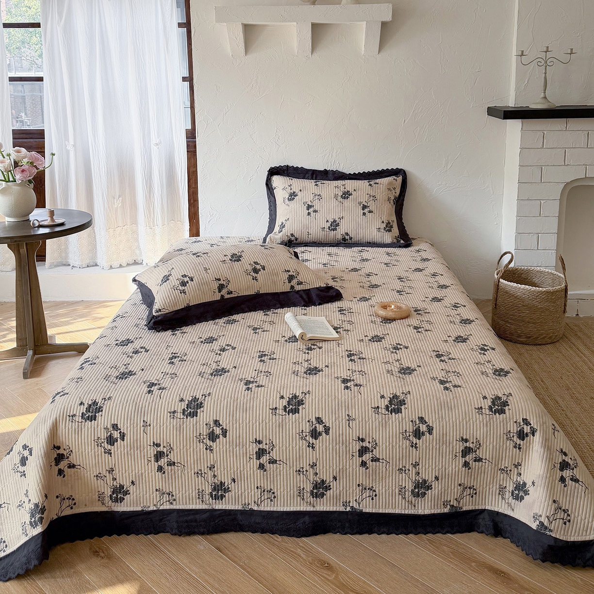 91家纺网 家纺一手货源 找家纺 （总）桃子家居 2026新款韩版纯棉花边法式花卉碎花水洗原生态纯棉棉麻多功能床盖三件套