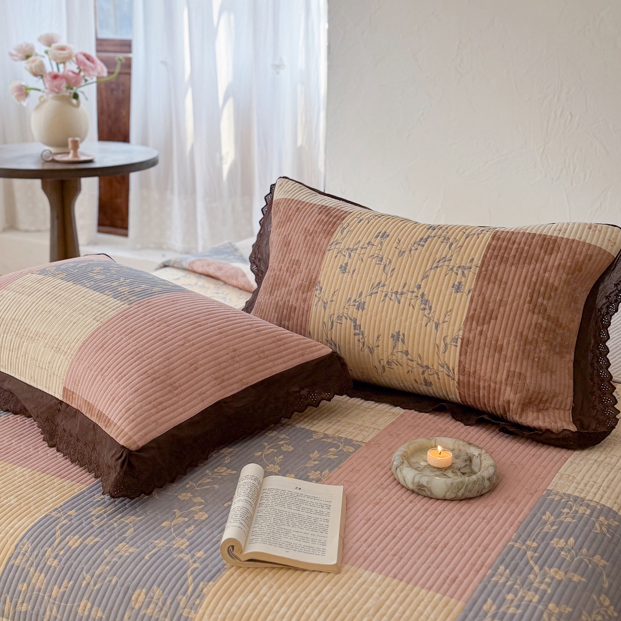 91家纺网 家纺一手货源 找家纺 桃子家居 2026新款韩版纯棉花边法式花卉碎花水洗原生态纯棉棉麻多功能床盖三件套 棉麻床盖-繁花兰