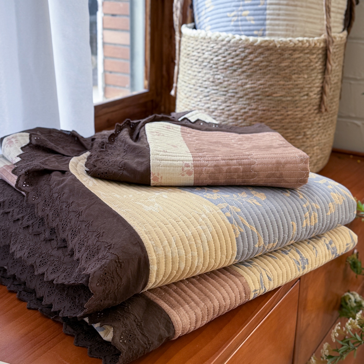 91家纺网 家纺一手货源 找家纺 桃子家居 2026新款韩版纯棉花边法式花卉碎花水洗原生态纯棉棉麻多功能床盖三件套 棉麻床盖-繁花兰