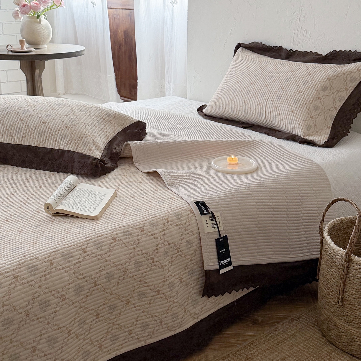 91家纺网 家纺一手货源 找家纺 桃子家居 2026新款韩版纯棉花边法式花卉碎花水洗原生态纯棉棉麻多功能床盖三件套 棉麻床盖-浅语