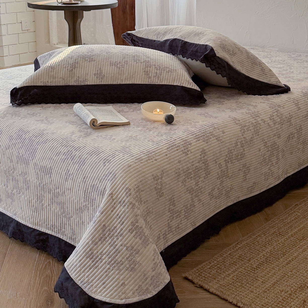 91家纺网 家纺一手货源 找家纺 桃子家居 2026新款韩版纯棉花边法式花卉碎花水洗原生态纯棉棉麻多功能床盖三件套 棉麻床盖-花颜兰