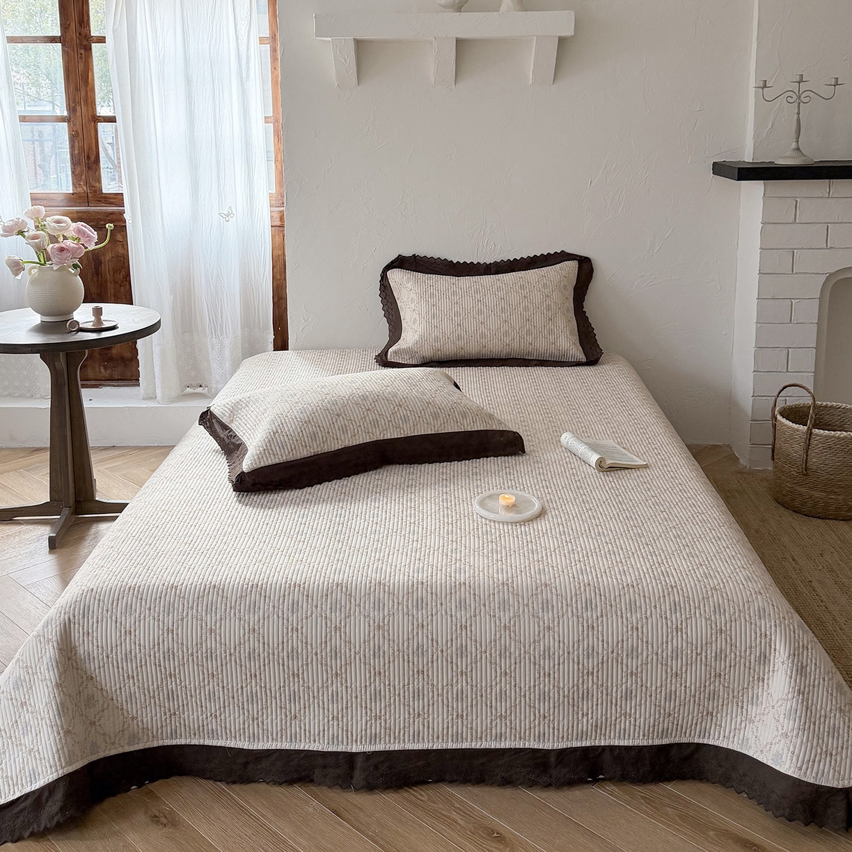 桃子家居 2026新款韩版纯棉花边法式花卉碎花水洗原生态纯棉棉麻多功能床盖三件套 棉麻床盖-浅语