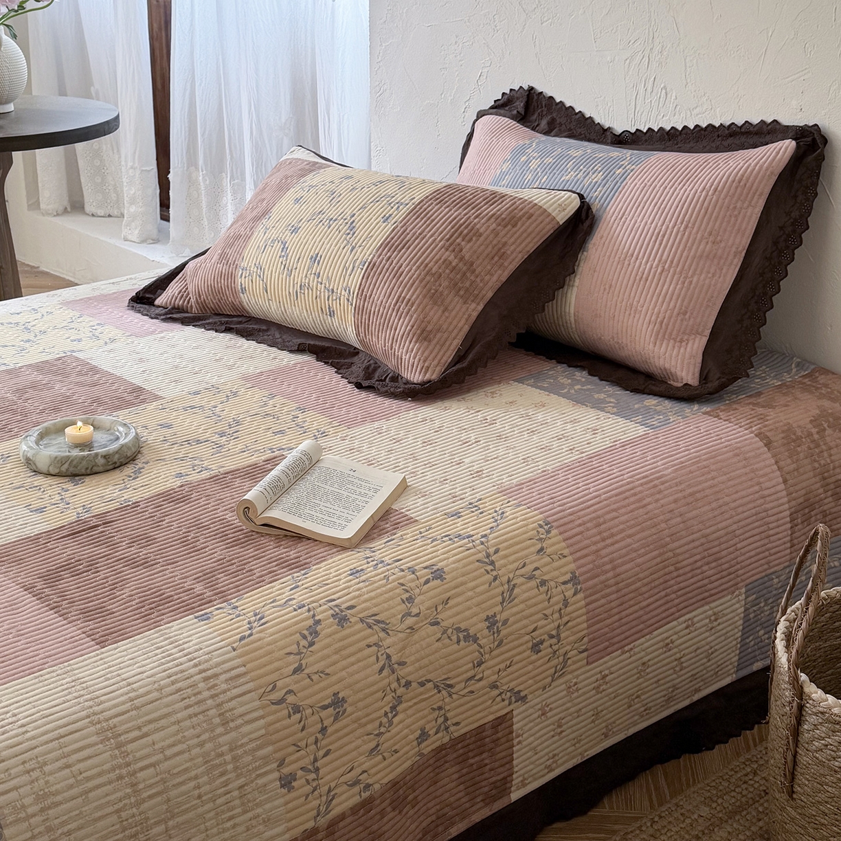 91家纺网 家纺一手货源 找家纺 桃子家居 2026新款韩版纯棉花边法式花卉碎花水洗原生态纯棉棉麻多功能床盖三件套 棉麻床盖-繁花兰