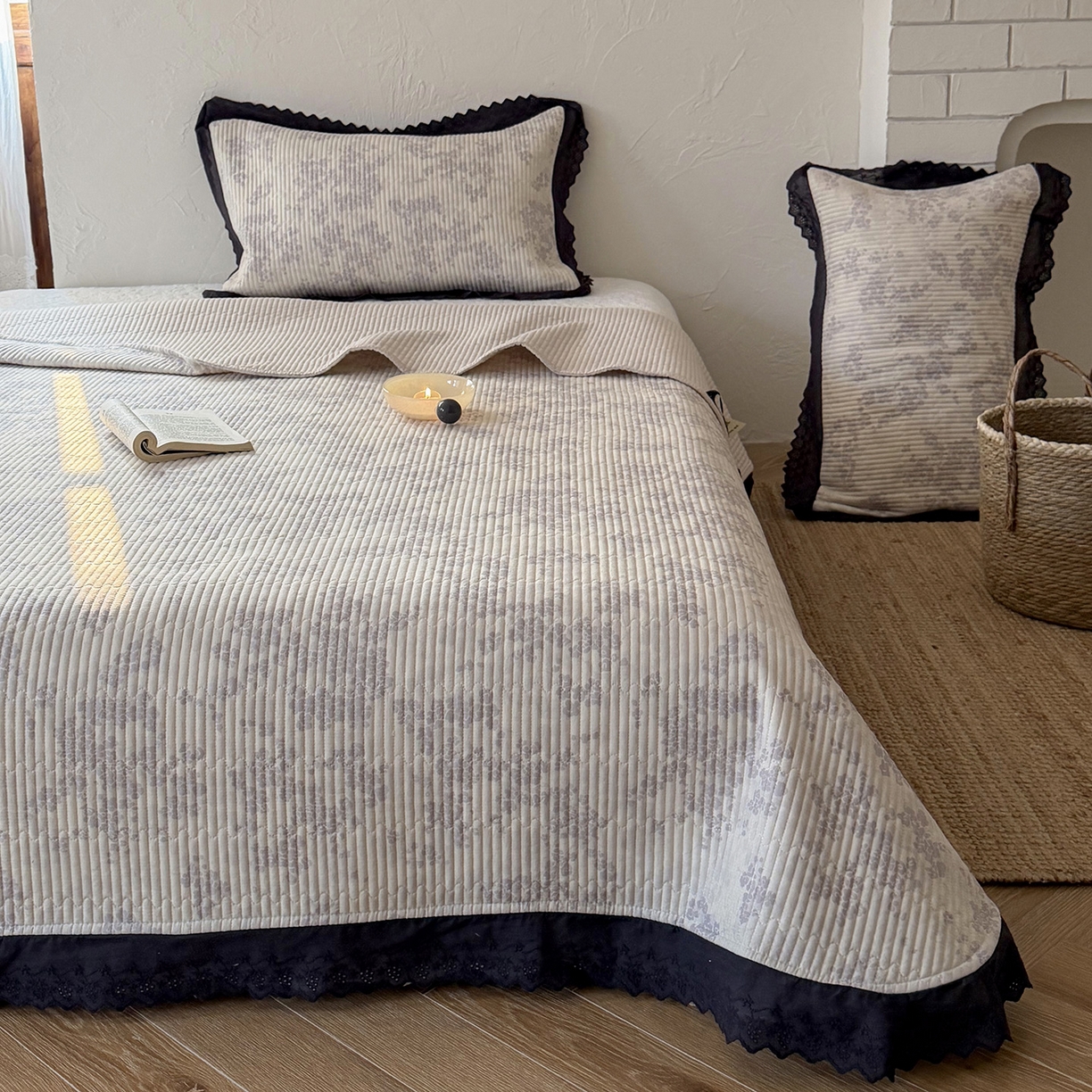 91家纺网 家纺一手货源 找家纺 桃子家居 2026新款韩版纯棉花边法式花卉碎花水洗原生态纯棉棉麻多功能床盖三件套 棉麻床盖-花颜兰