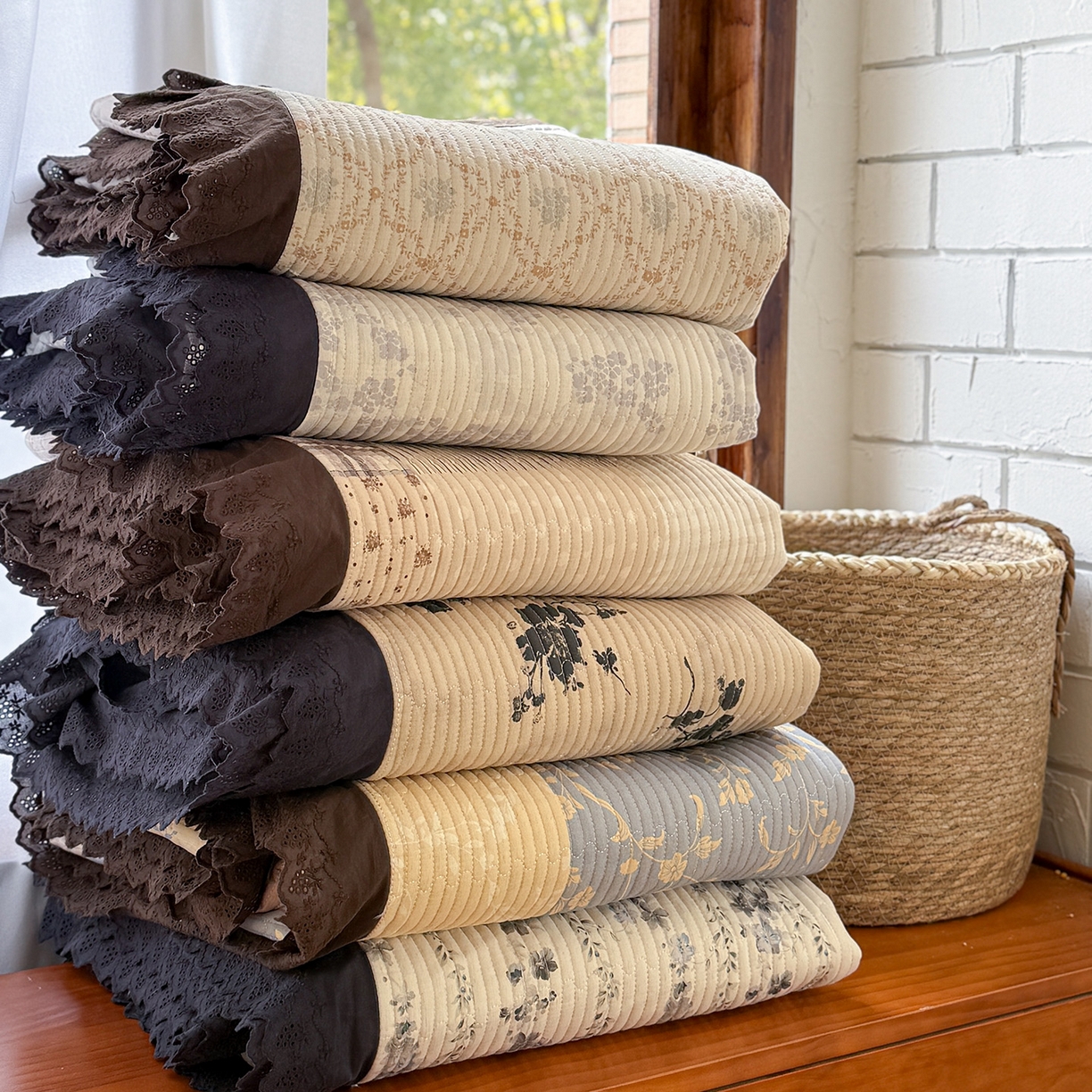 91家纺网 家纺一手货源 找家纺 桃子家居 2026新款韩版纯棉花边法式花卉碎花水洗原生态纯棉棉麻多功能床盖三件套 组合