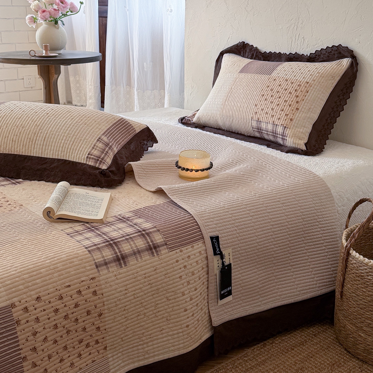 91家纺网 家纺一手货源 找家纺 桃子家居 2026新款韩版纯棉花边法式花卉碎花水洗原生态纯棉棉麻多功能床盖三件套 棉麻床盖-摩卡时光