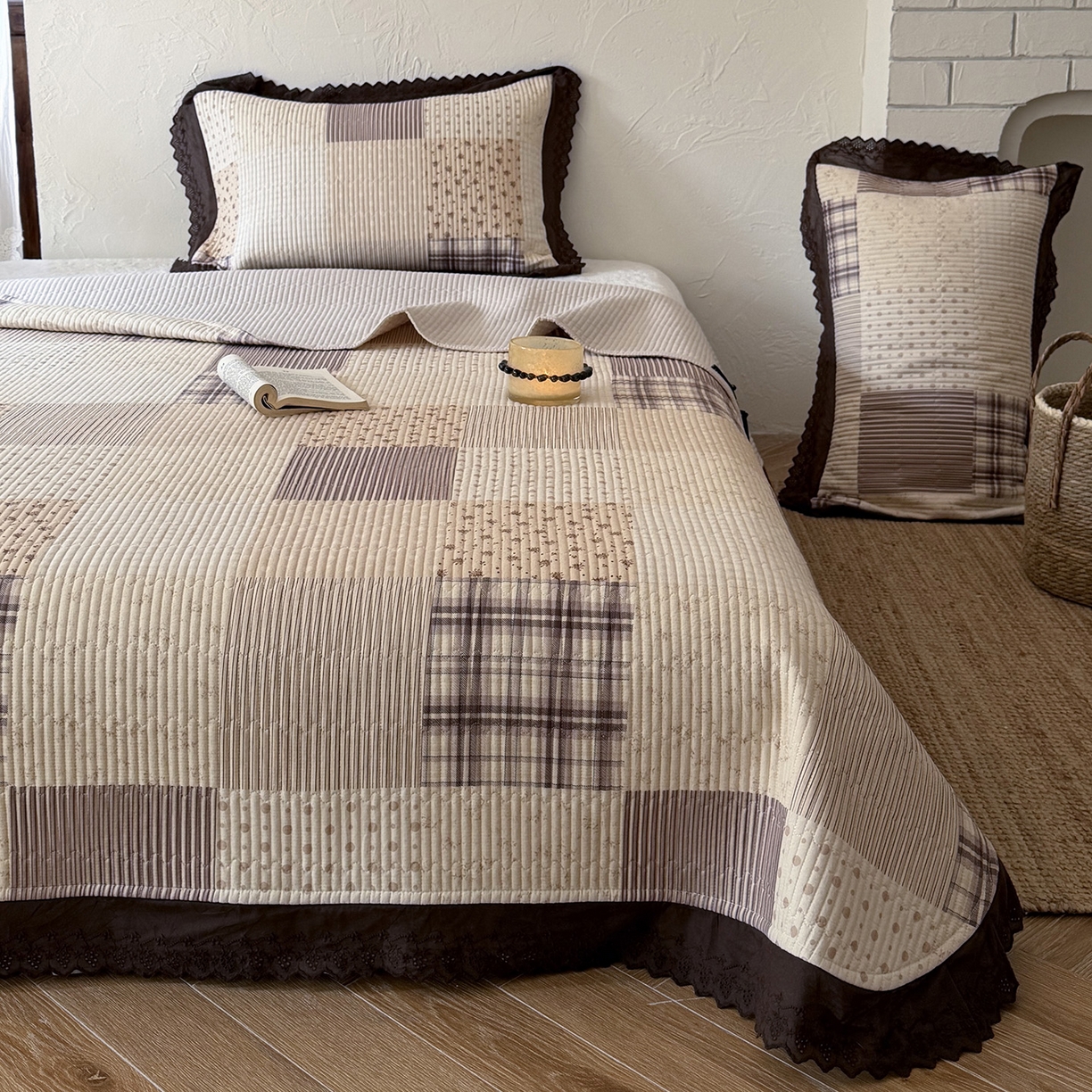 91家纺网 家纺一手货源 找家纺 桃子家居 2026新款韩版纯棉花边法式花卉碎花水洗原生态纯棉棉麻多功能床盖三件套 棉麻床盖-摩卡时光