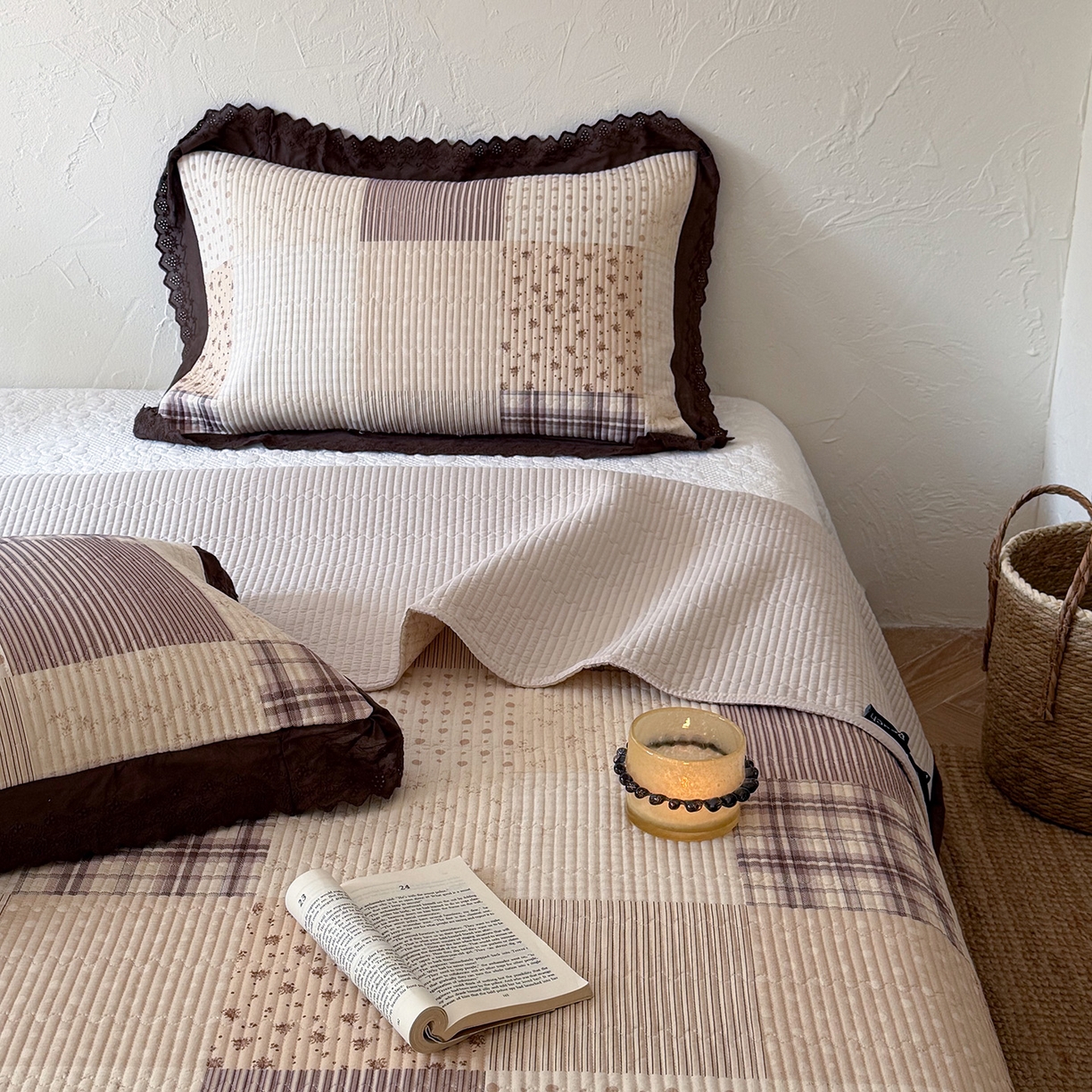 91家纺网 家纺一手货源 找家纺 桃子家居 2026新款韩版纯棉花边法式花卉碎花水洗原生态纯棉棉麻多功能床盖三件套 棉麻床盖-摩卡时光