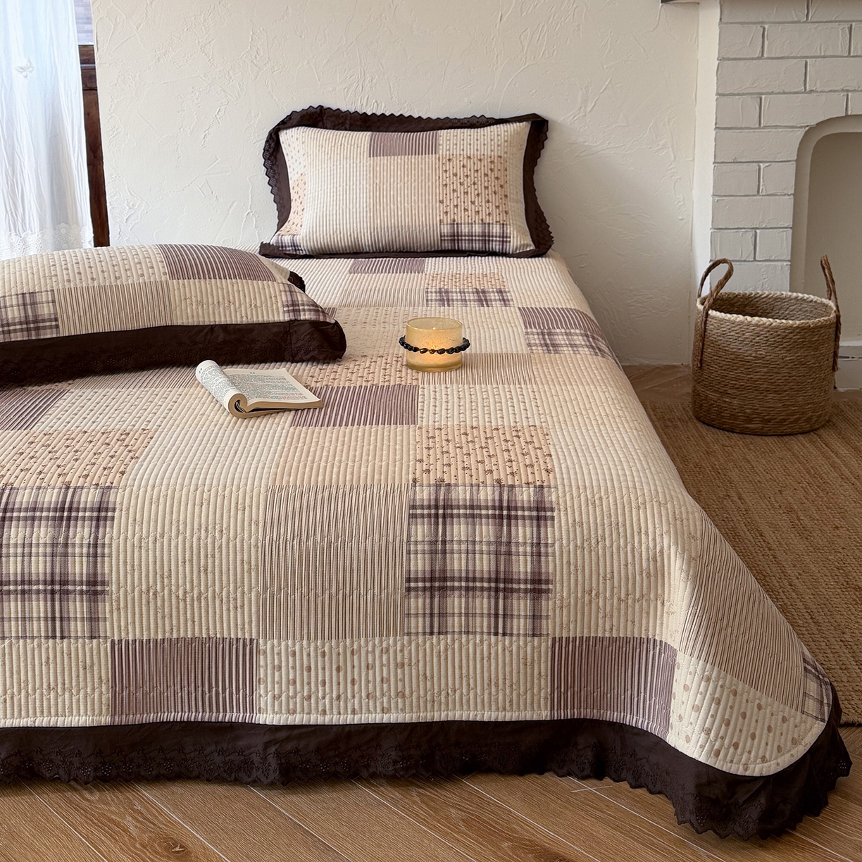 91家纺网 家纺一手货源 找家纺 桃子家居 2026新款韩版纯棉花边法式花卉碎花水洗原生态纯棉棉麻多功能床盖三件套 棉麻床盖-摩卡时光