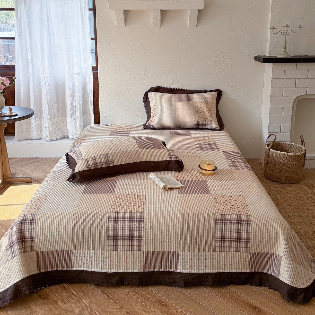 桃子家居 2026新款韩版纯棉花边法式花卉碎花水洗原生态纯棉棉麻多功能床盖三件套 棉麻床盖-摩卡时光