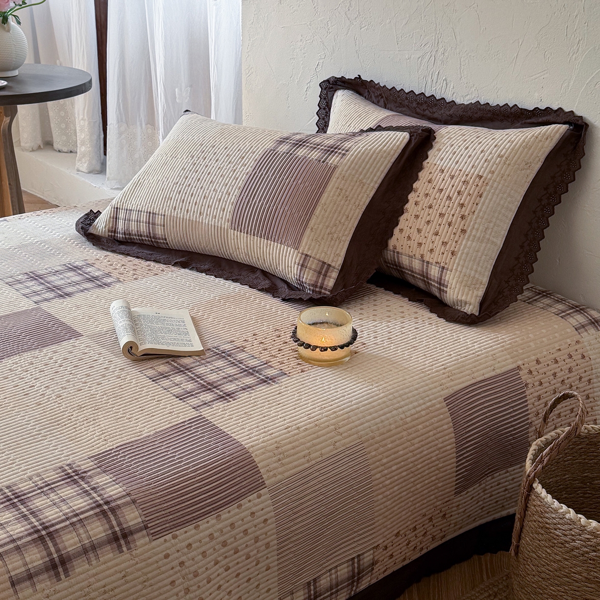 91家纺网 家纺一手货源 找家纺 桃子家居 2026新款韩版纯棉花边法式花卉碎花水洗原生态纯棉棉麻多功能床盖三件套 棉麻床盖-摩卡时光