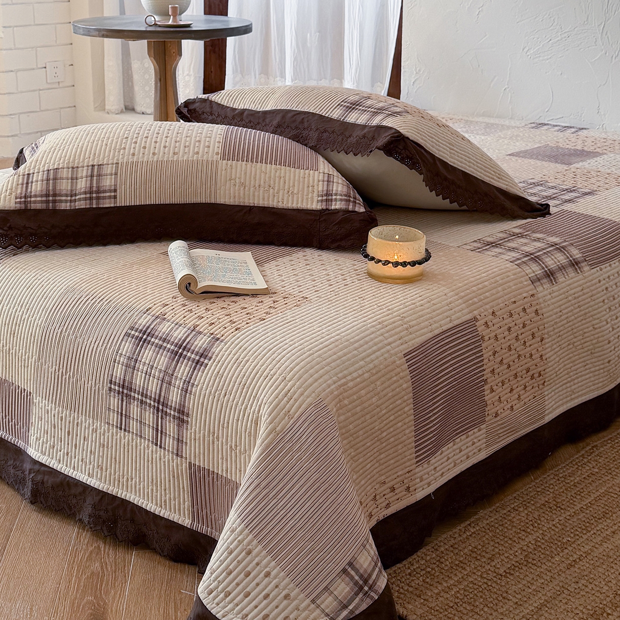 91家纺网 家纺一手货源 找家纺 桃子家居 2026新款韩版纯棉花边法式花卉碎花水洗原生态纯棉棉麻多功能床盖三件套 棉麻床盖-摩卡时光