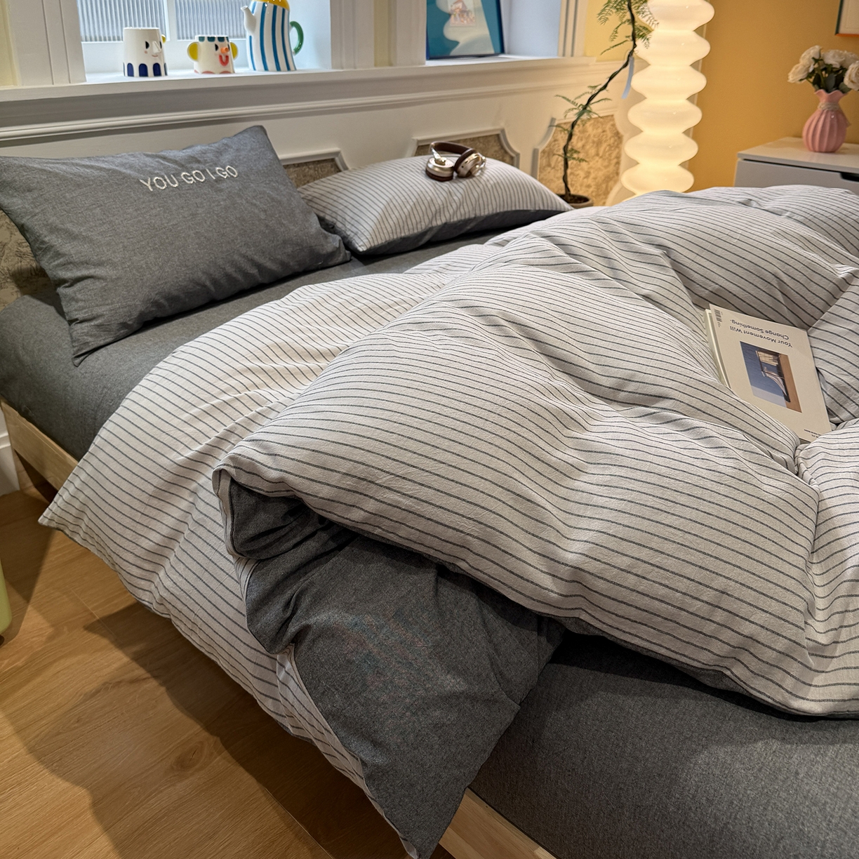 91家纺网 家纺一手货源 找家纺 （总）曼町家居 2026春夏新款全棉纯棉色织水洗棉字母刺绣四件套