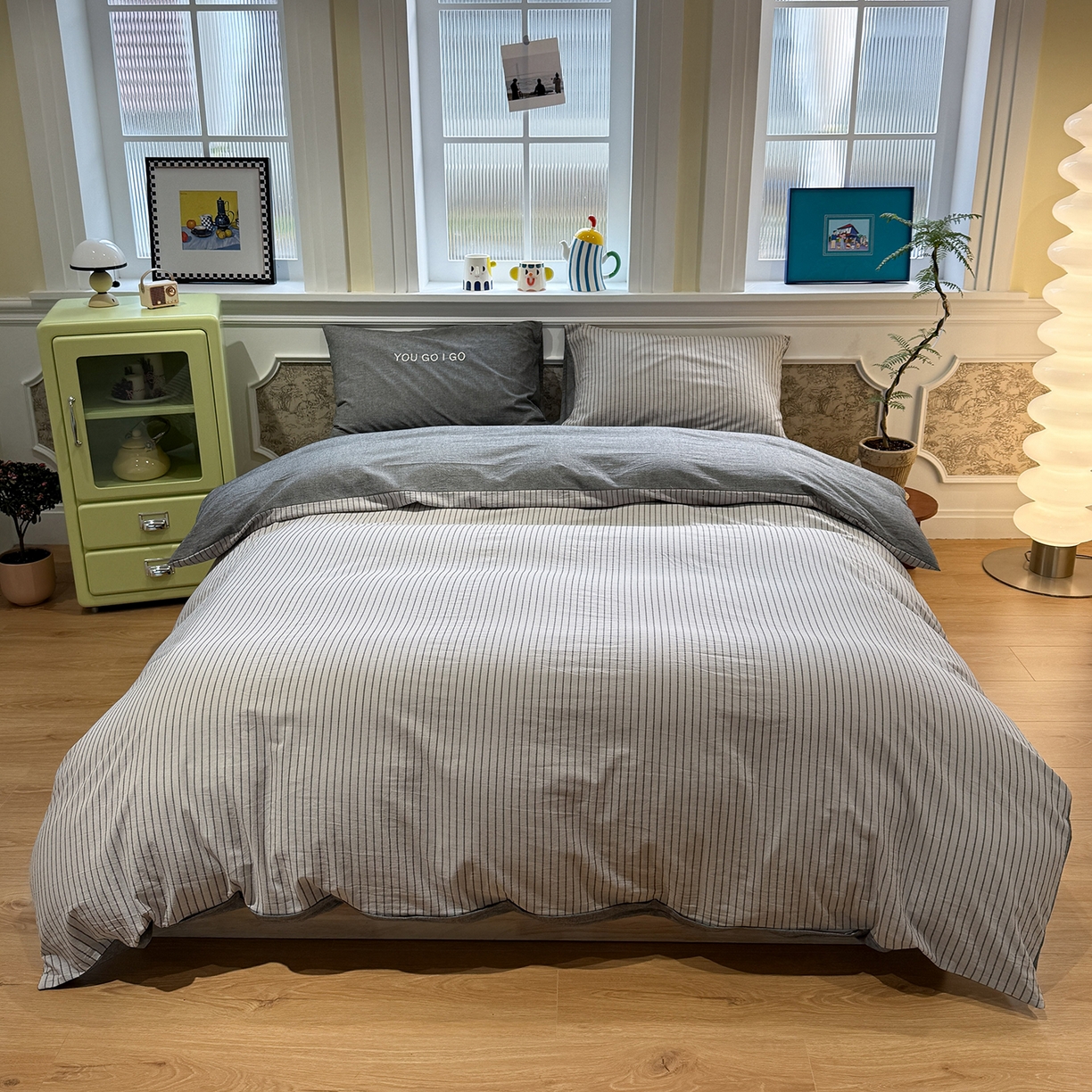 91家纺网 家纺一手货源 找家纺 （总）曼町家居 2026春夏新款全棉纯棉色织水洗棉字母刺绣四件套