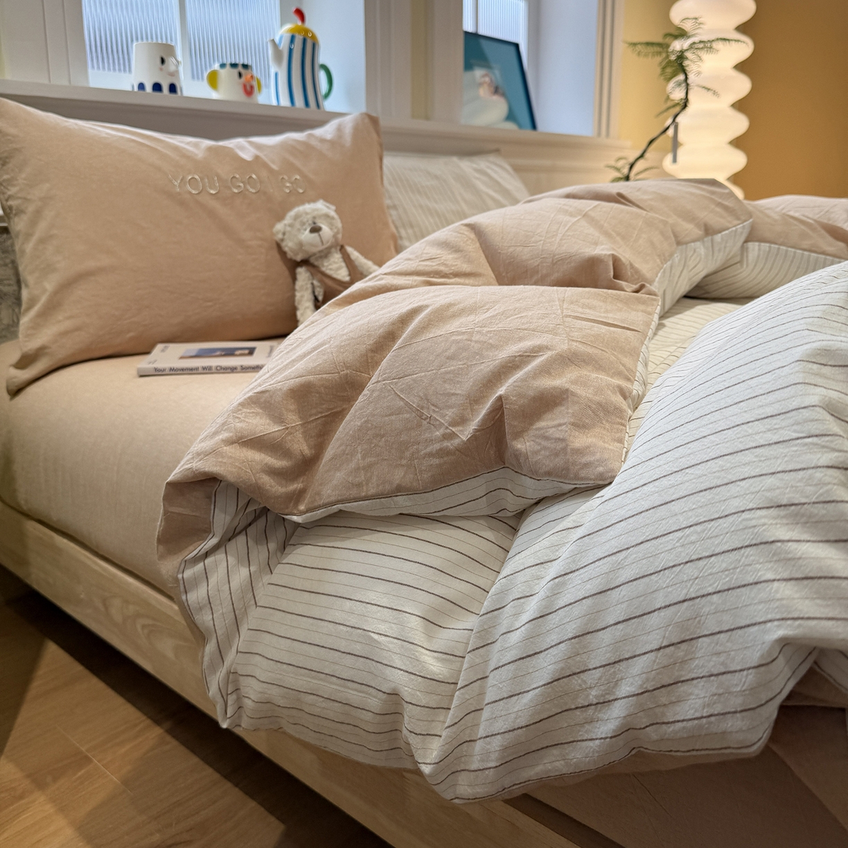 曼町家居 2026春夏新款全棉纯棉色织水洗棉字母刺绣四件套 奶芙