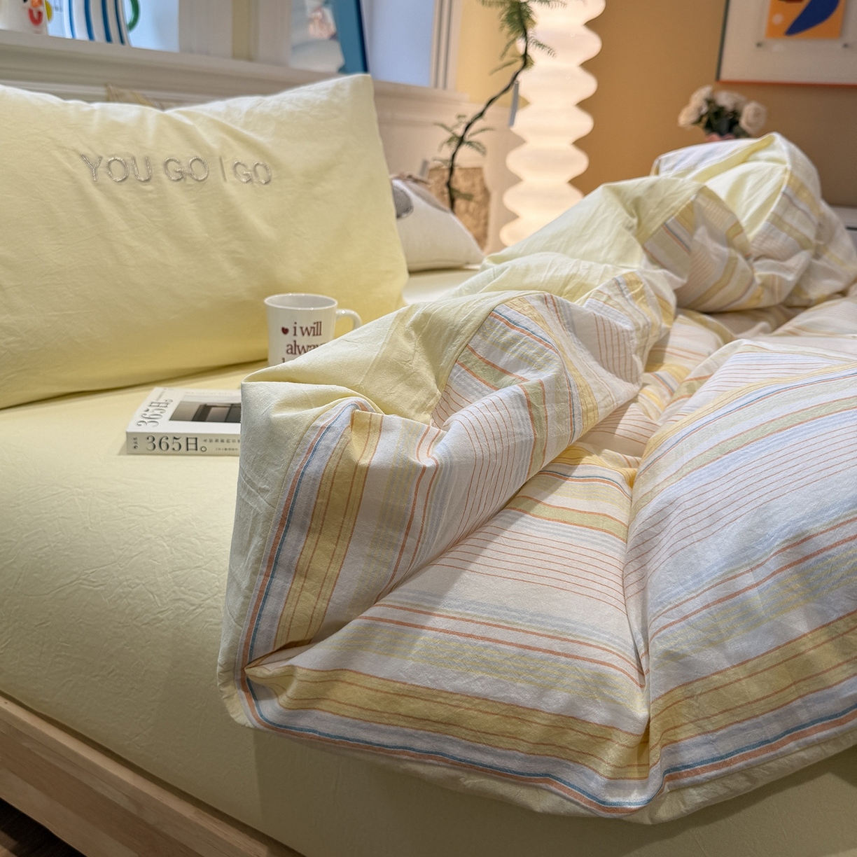 91家纺网 家纺一手货源 找家纺 曼町家居 2026春夏新款全棉纯棉色织水洗棉字母刺绣四件套 可夏