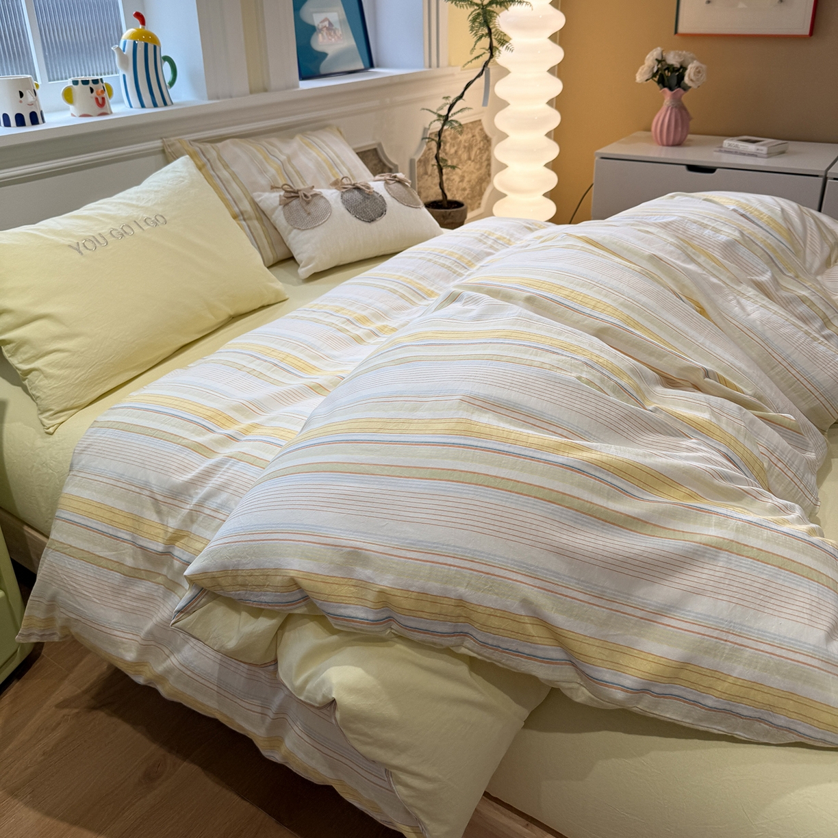 91家纺网 家纺一手货源 找家纺 曼町家居 2026春夏新款全棉纯棉色织水洗棉字母刺绣四件套 可夏