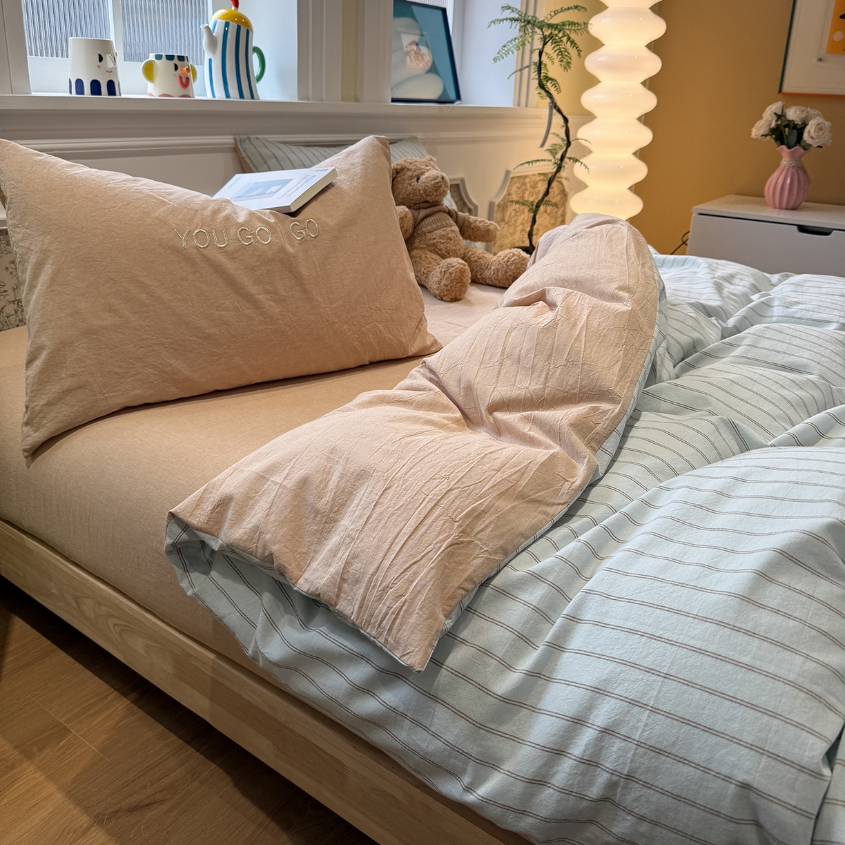 曼町家居 2026春夏新款全棉纯棉色织水洗棉字母刺绣四件套 海盐