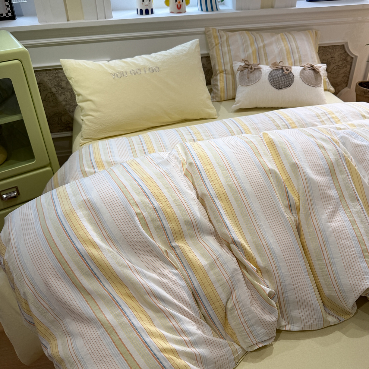 91家纺网 家纺一手货源 找家纺 曼町家居 2026春夏新款全棉纯棉色织水洗棉字母刺绣四件套 可夏