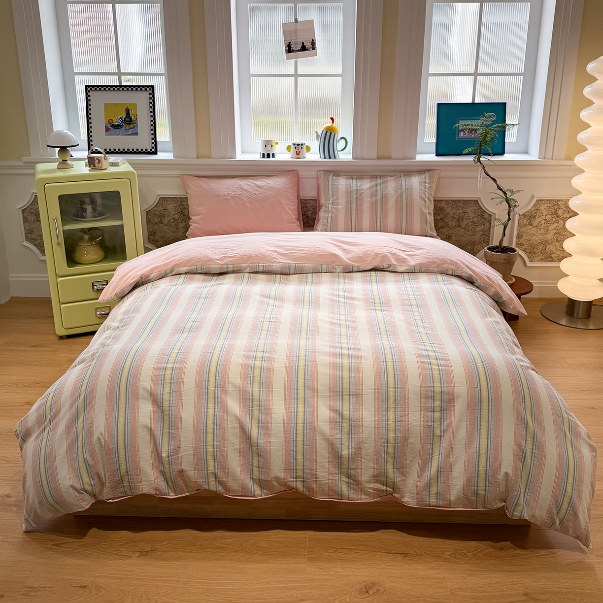 91家纺网 家纺一手货源 找家纺 曼町家居 2026春夏新款全棉纯棉色织水洗棉字母刺绣四件套 千寻