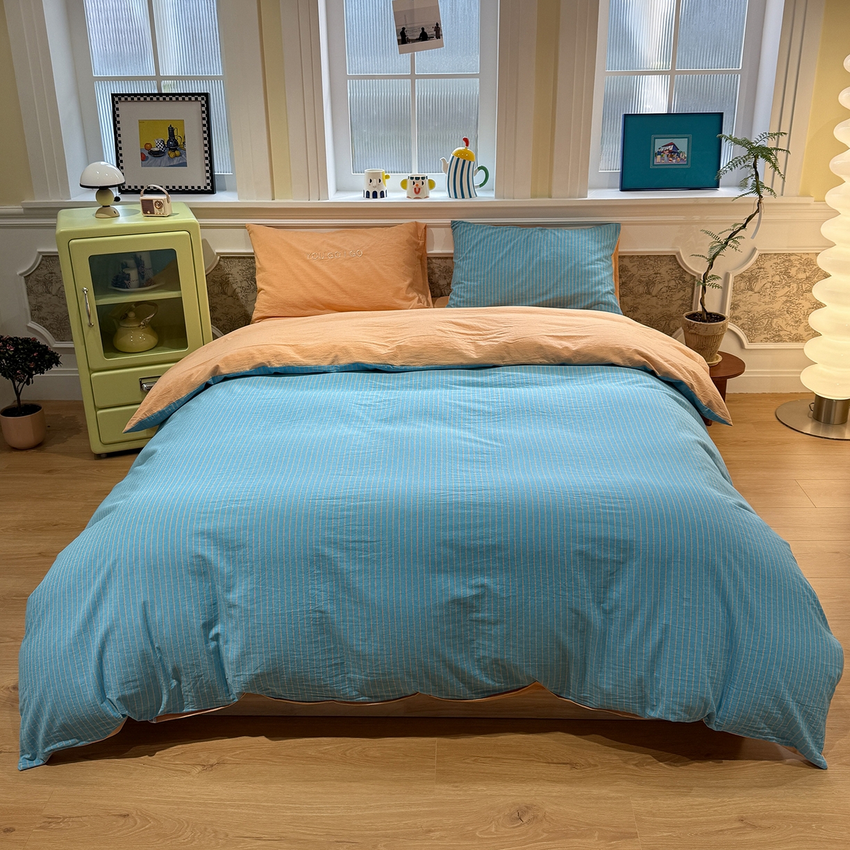 91家纺网 家纺一手货源 找家纺 曼町家居 2026春夏新款全棉纯棉色织水洗棉字母刺绣四件套 云辰