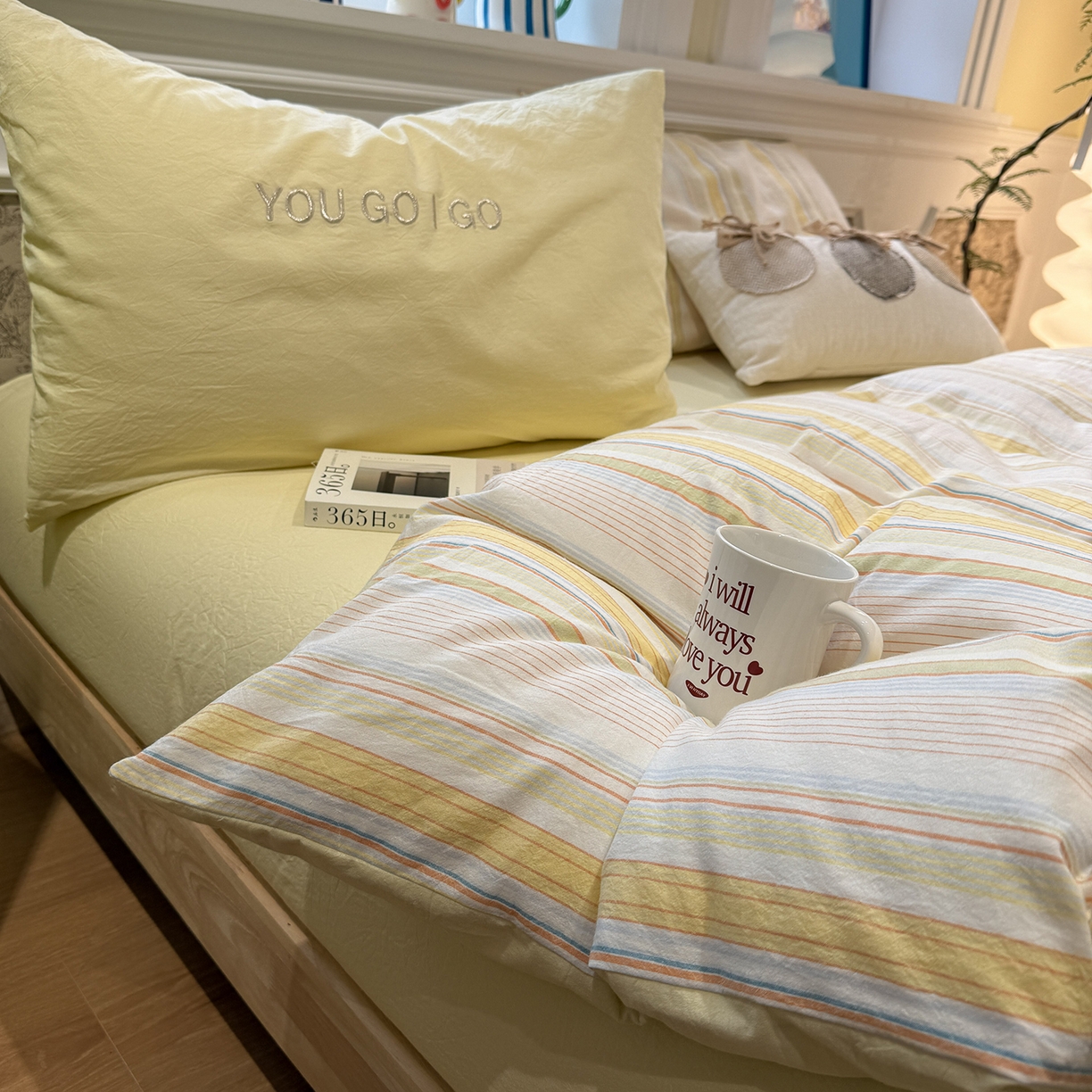 91家纺网 家纺一手货源 找家纺 曼町家居 2026春夏新款全棉纯棉色织水洗棉字母刺绣四件套 可夏