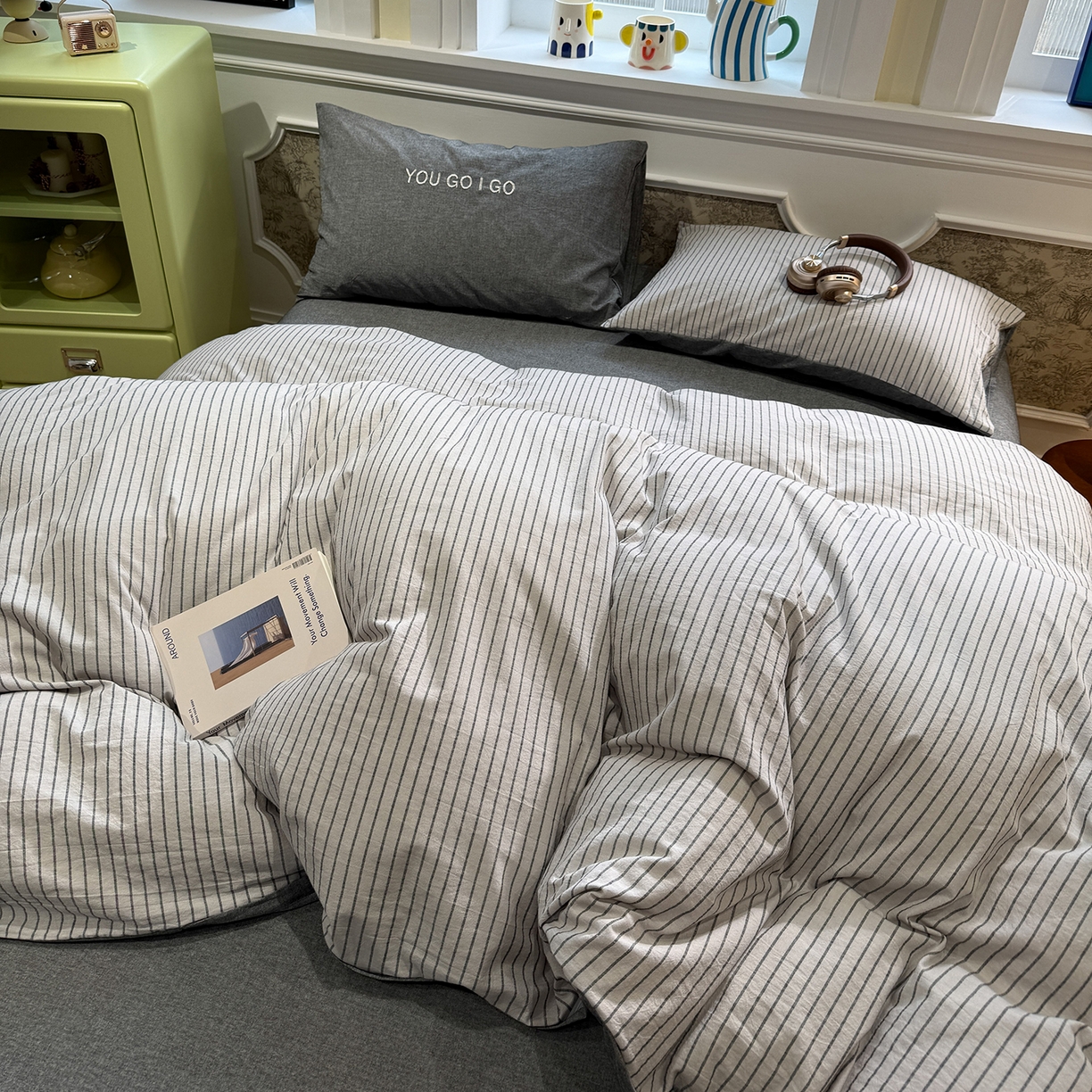 91家纺网 家纺一手货源 找家纺 （总）曼町家居 2026春夏新款全棉纯棉色织水洗棉字母刺绣四件套