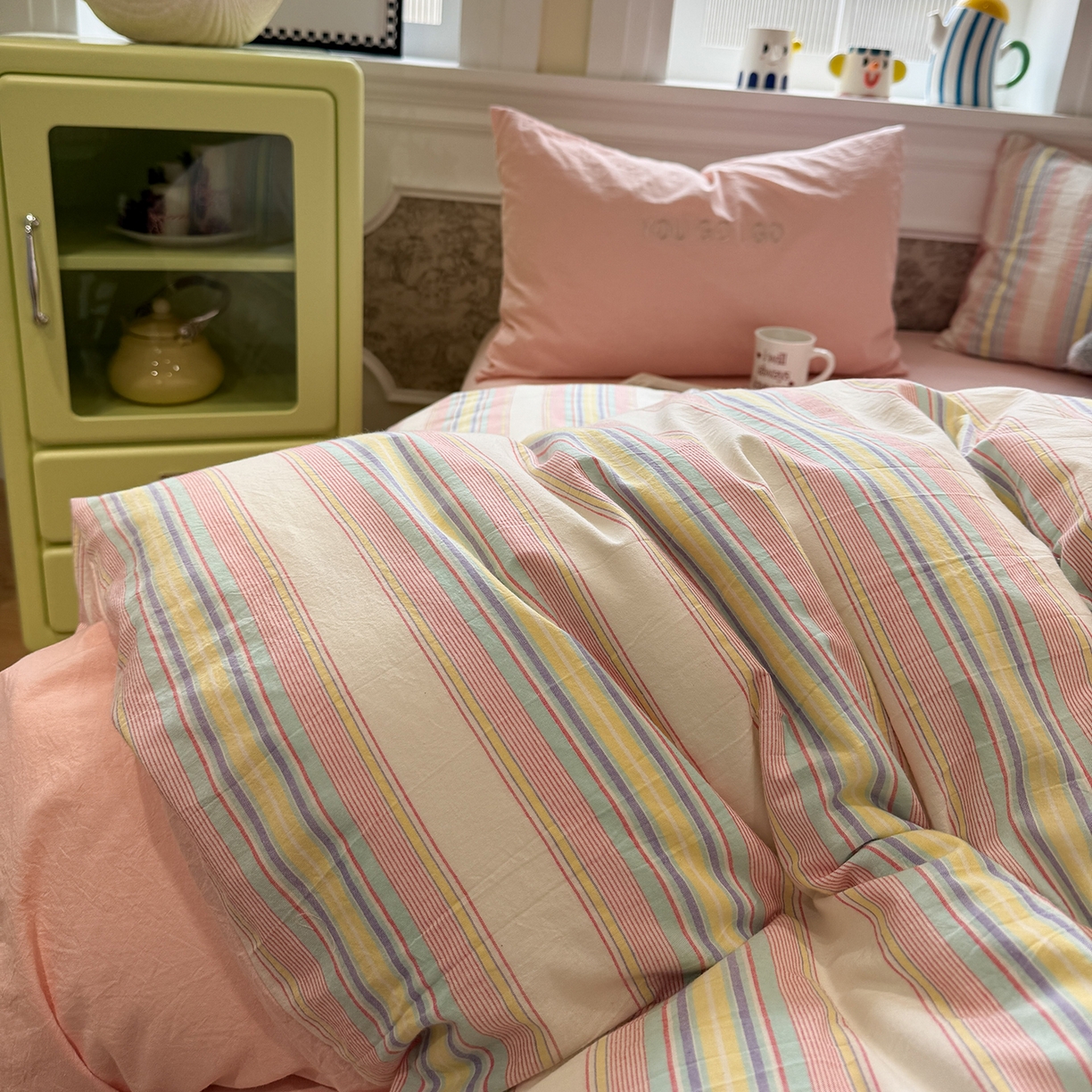 91家纺网 家纺一手货源 找家纺 曼町家居 2026春夏新款全棉纯棉色织水洗棉字母刺绣四件套 千寻