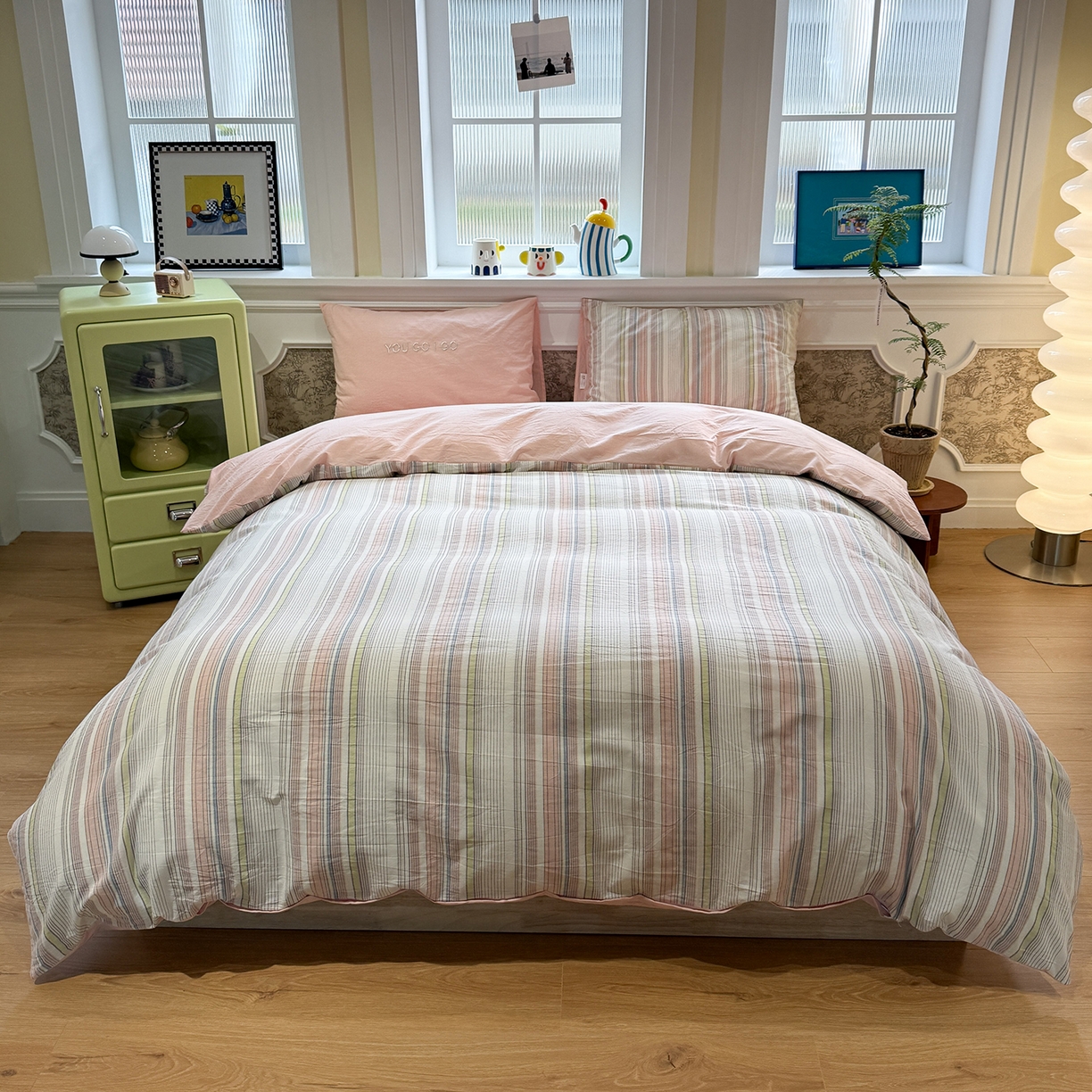 91家纺网 家纺一手货源 找家纺 曼町家居 2026春夏新款全棉纯棉色织水洗棉字母刺绣四件套 软糖