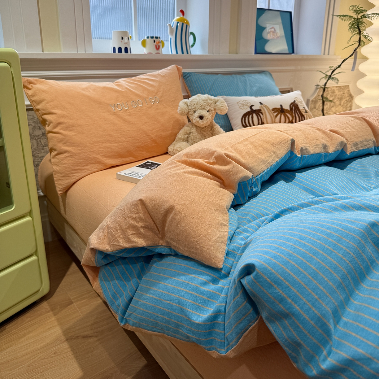 曼町家居 2026春夏新款全棉纯棉色织水洗棉字母刺绣四件套 云辰