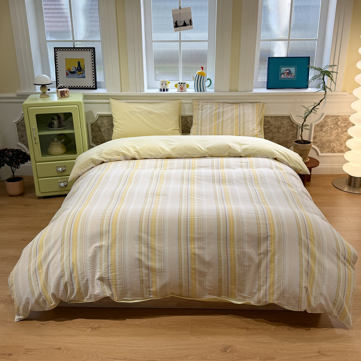 91家纺网 家纺一手货源 找家纺 曼町家居 2026春夏新款全棉纯棉色织水洗棉字母刺绣四件套 可夏