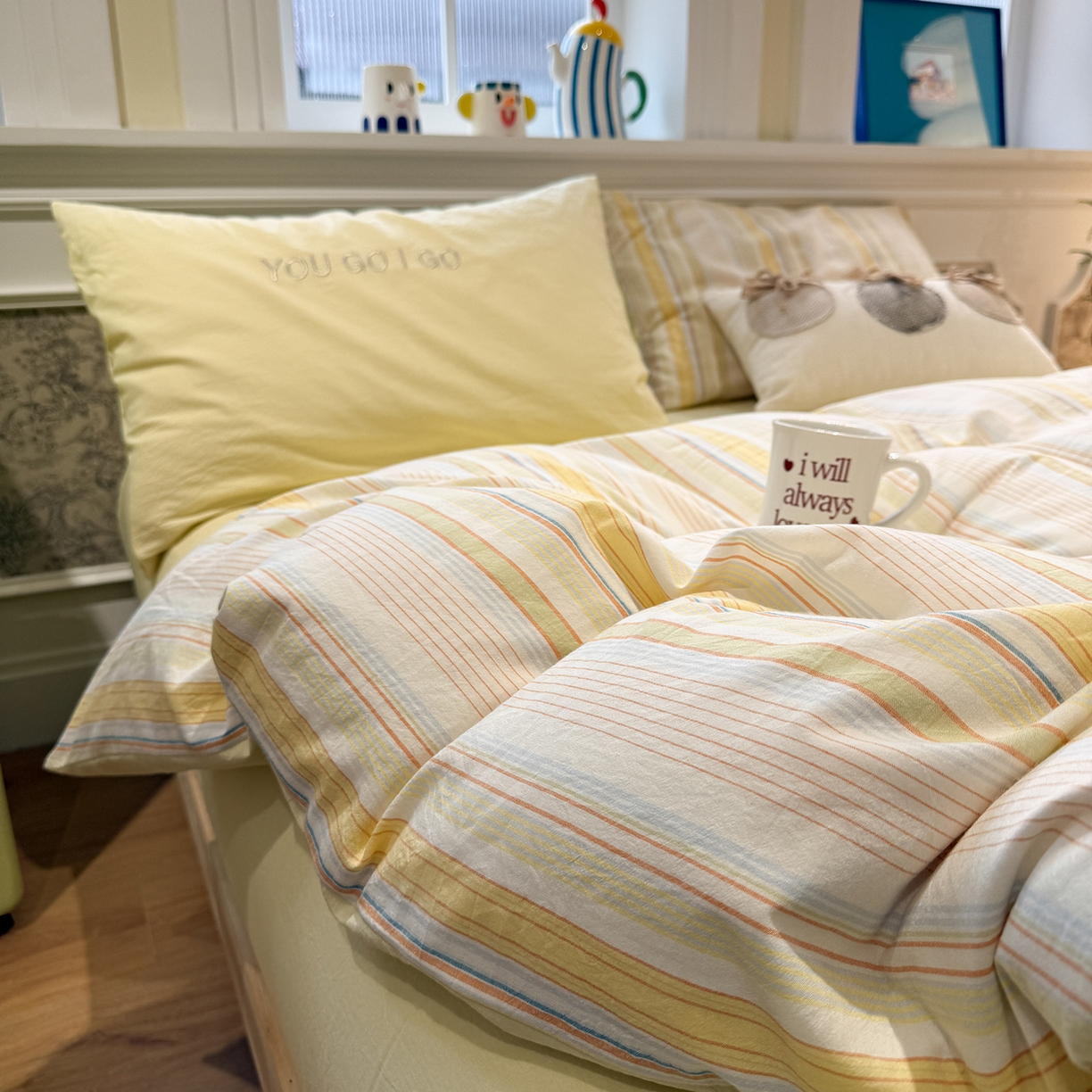 91家纺网 家纺一手货源 找家纺 曼町家居 2026春夏新款全棉纯棉色织水洗棉字母刺绣四件套 可夏