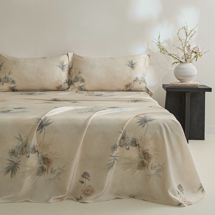 91家纺网 家纺一手货源 找家纺 禾时 2026春夏新款50s莱赛尔天丝床单三件套床单单件 椿山晓（咖）