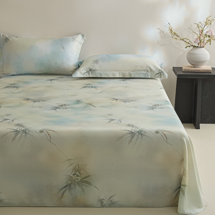 91家纺网 家纺一手货源 找家纺 禾时 2026春夏新款50s莱赛尔天丝床单三件套床单单件 绿篱间（绿）